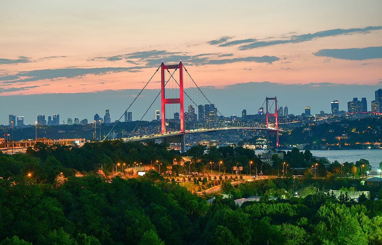 Historic Bosphorus Bridge with Istanbul skyline