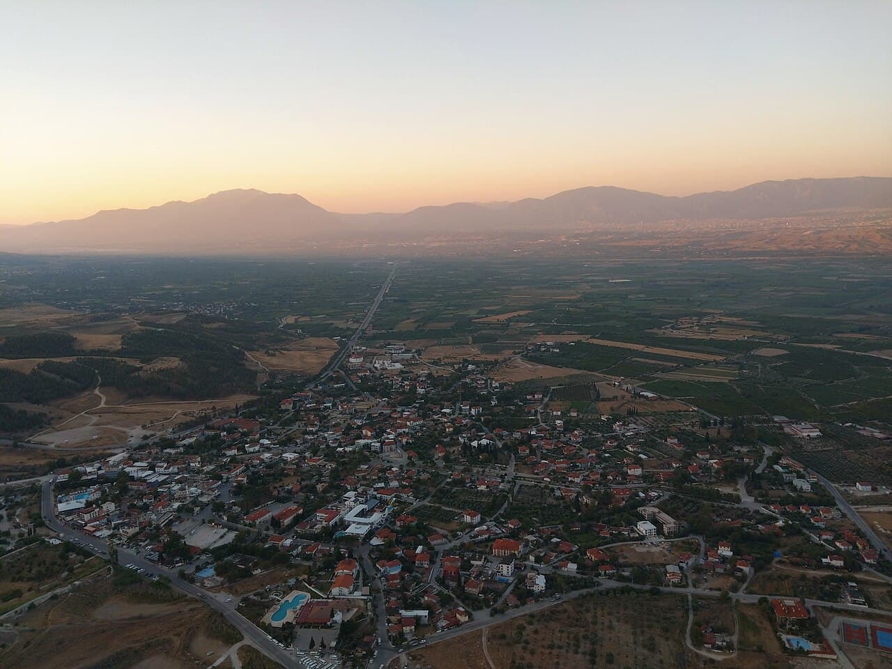 Panoramic aerial view of Pamukkale travertines from a balloon