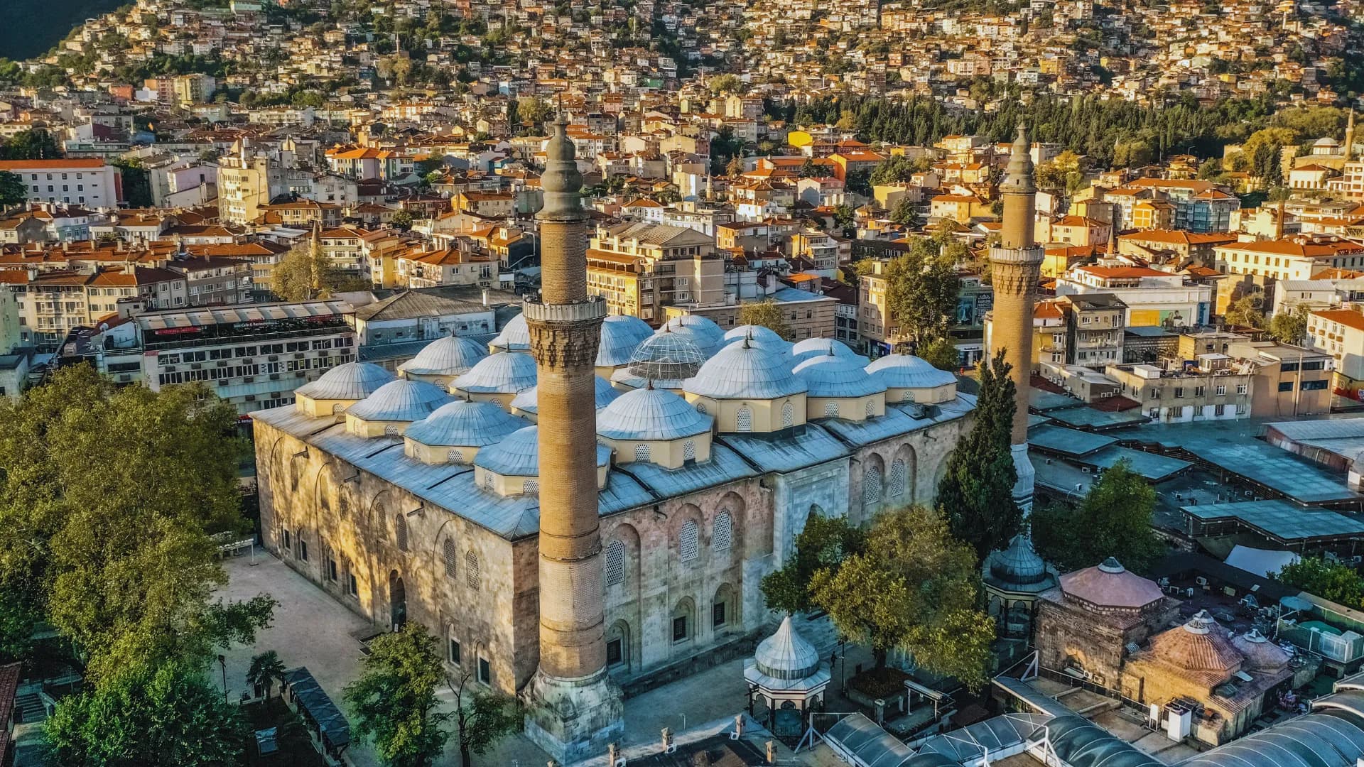 Aerial perspective of the historic Grand Mosque (Ulu Cami) in Bursa