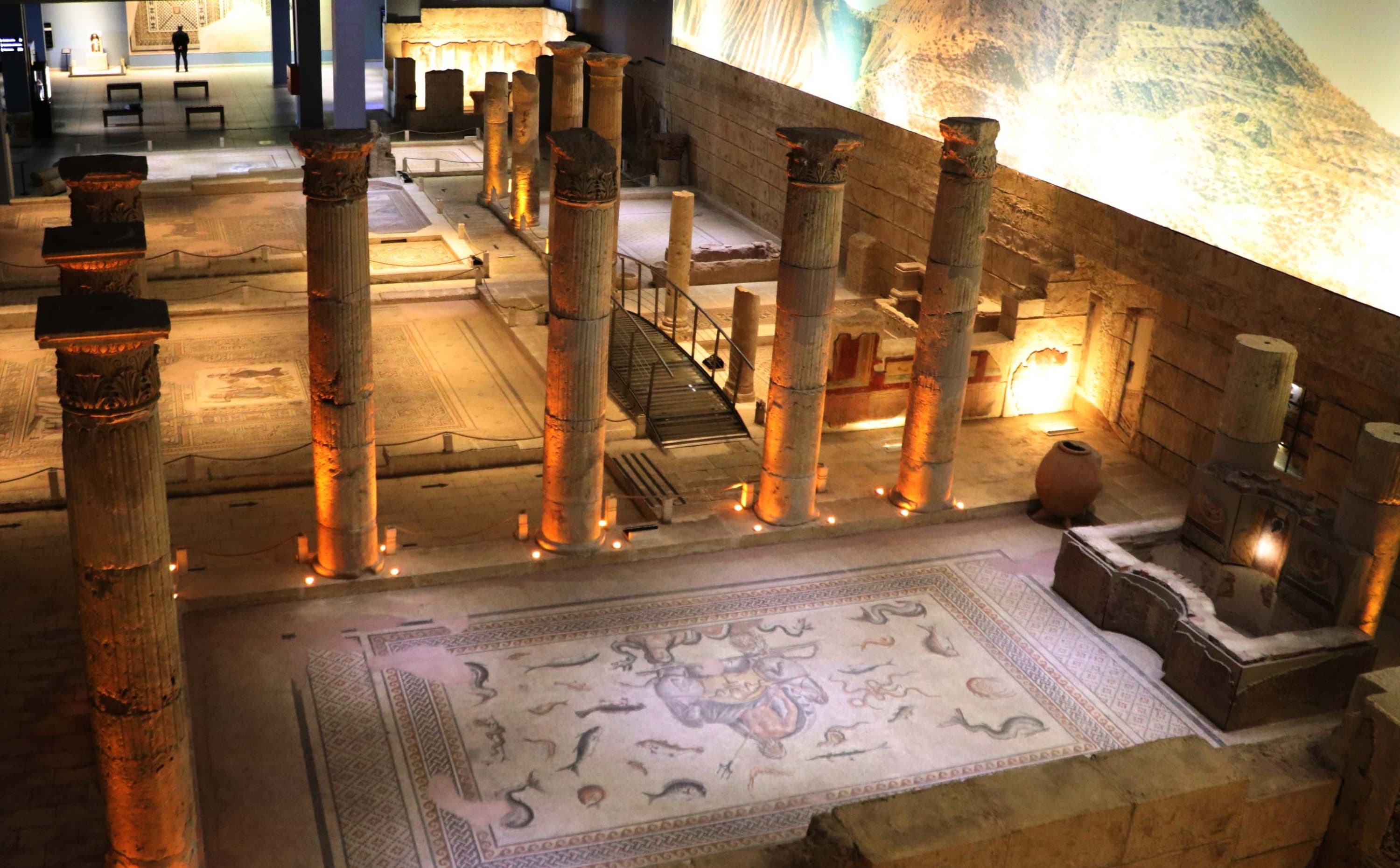 Ancient Roman columned courtyard and floor mosaics inside Zeugma Mosaic Museum