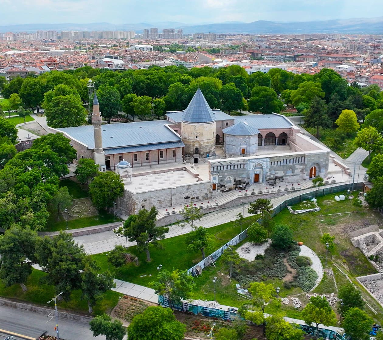 Elevated view of historic Alaaddin Mosque and park, the ancient heart of Seljuk Konya